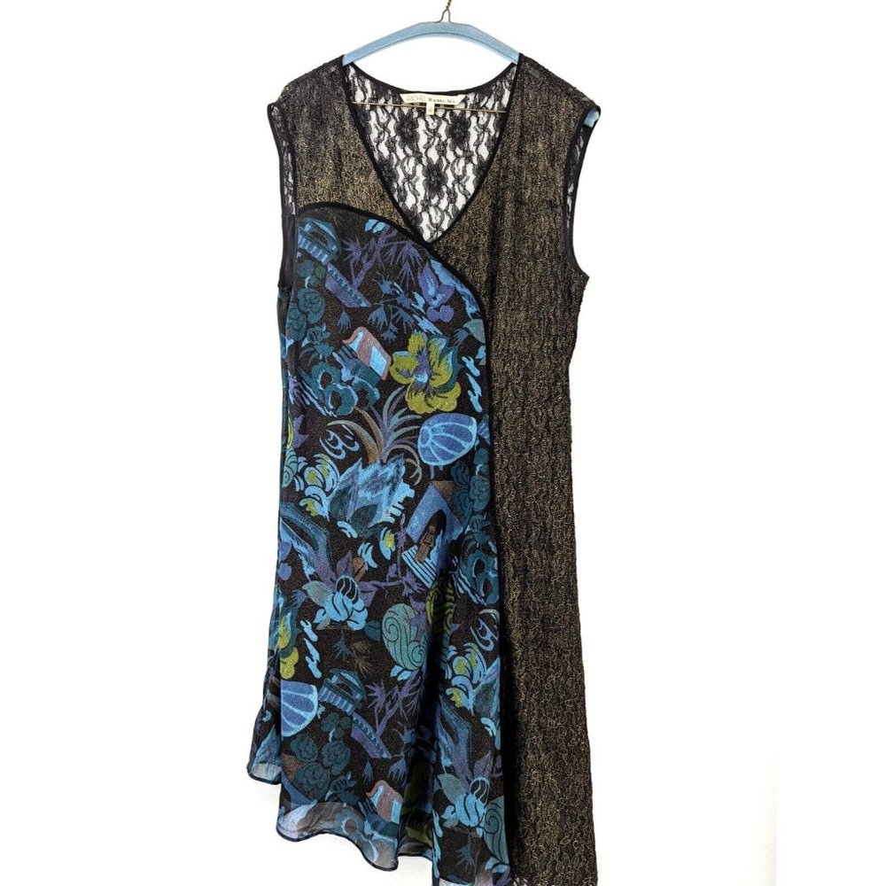RACHEL ROY Asymmetric Chiffon Dress 12 mixed media Lace Panel Black Romantic